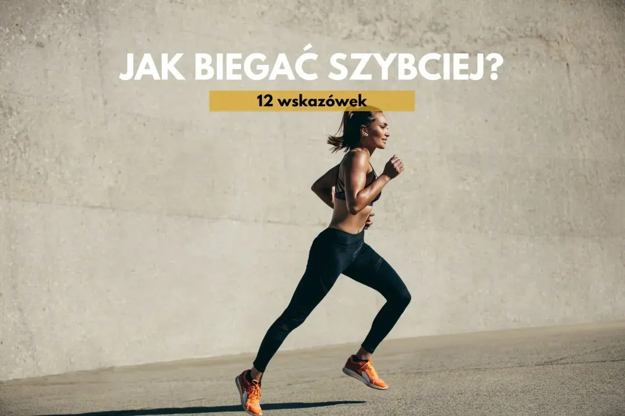 Kobieta biegnie, a na ekranie widnieje napis "Jak biegać szybciej? 12 wskazówek".