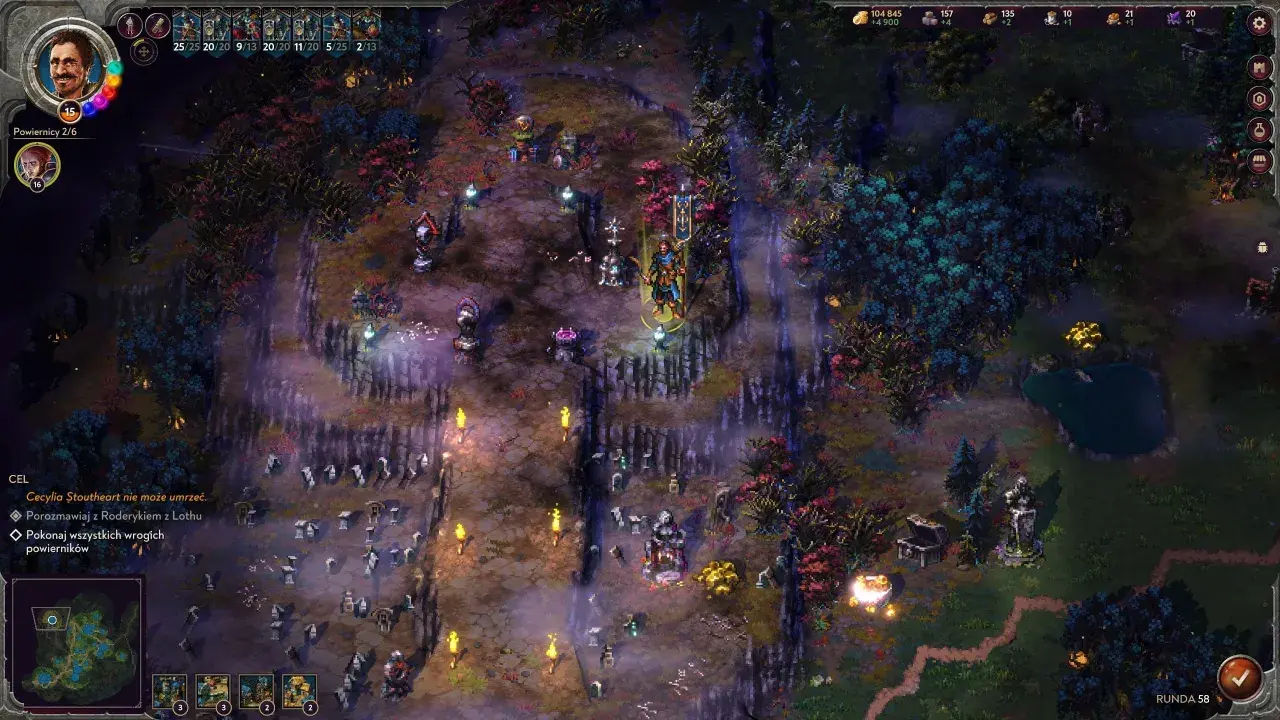 Mroczny las, gdzie toczą się bitwy. Bohaterowie przygotowują się do walki, a ich losy ważą się w tej grze, gdzie rozbrzmiewają **songs of conquest**.