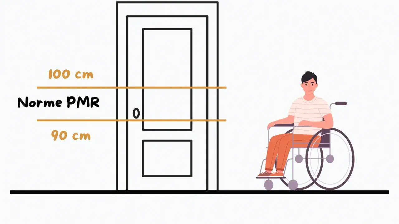 Indicazione delle altezze per la maniglia porta, tra 90 e 100 cm, secondo le norme PMR, con un uomo in carrozzina.