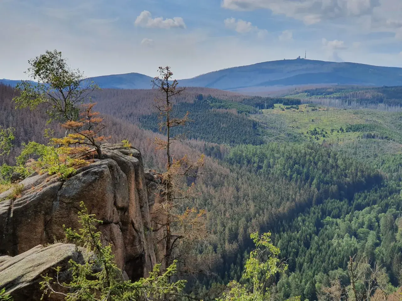 Felsformation an der Rabenklippe im Harz mit Blick auf bewaldete Hügel und den Brocken im Hintergrund.