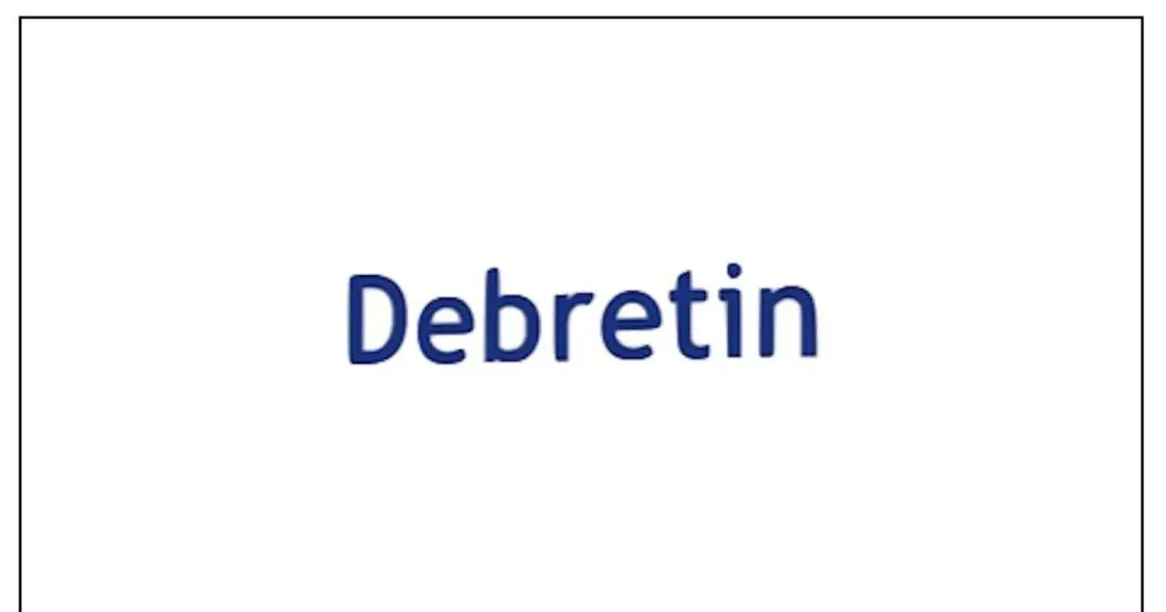 Niebieski napis "Debretin" na białym tle. Debretin forte to lek, który może pomóc w problemach żołądkowych.