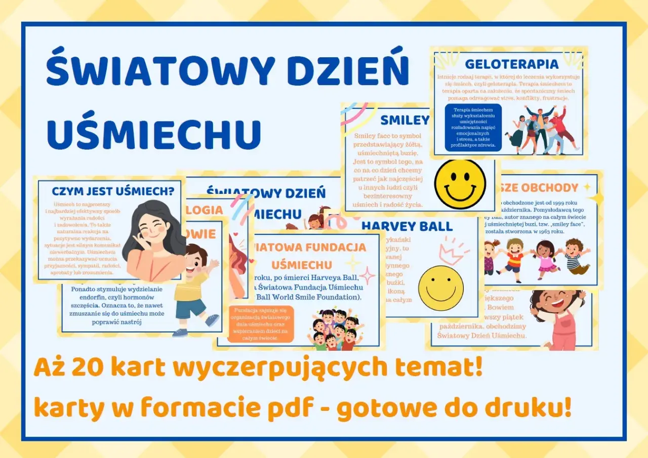 Ilustracja z tekstem "Światowy Dzień Uśmiechu" i grafikami przedstawiającymi uśmiechnięte osoby i symbole uśmiechu.