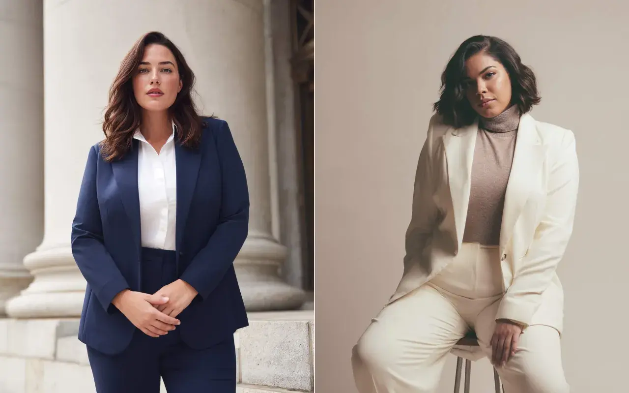 Dos mujeres lucen trajes elegantes, uno azul marino y otro crema, perfectos para un código de vestimenta business casual.