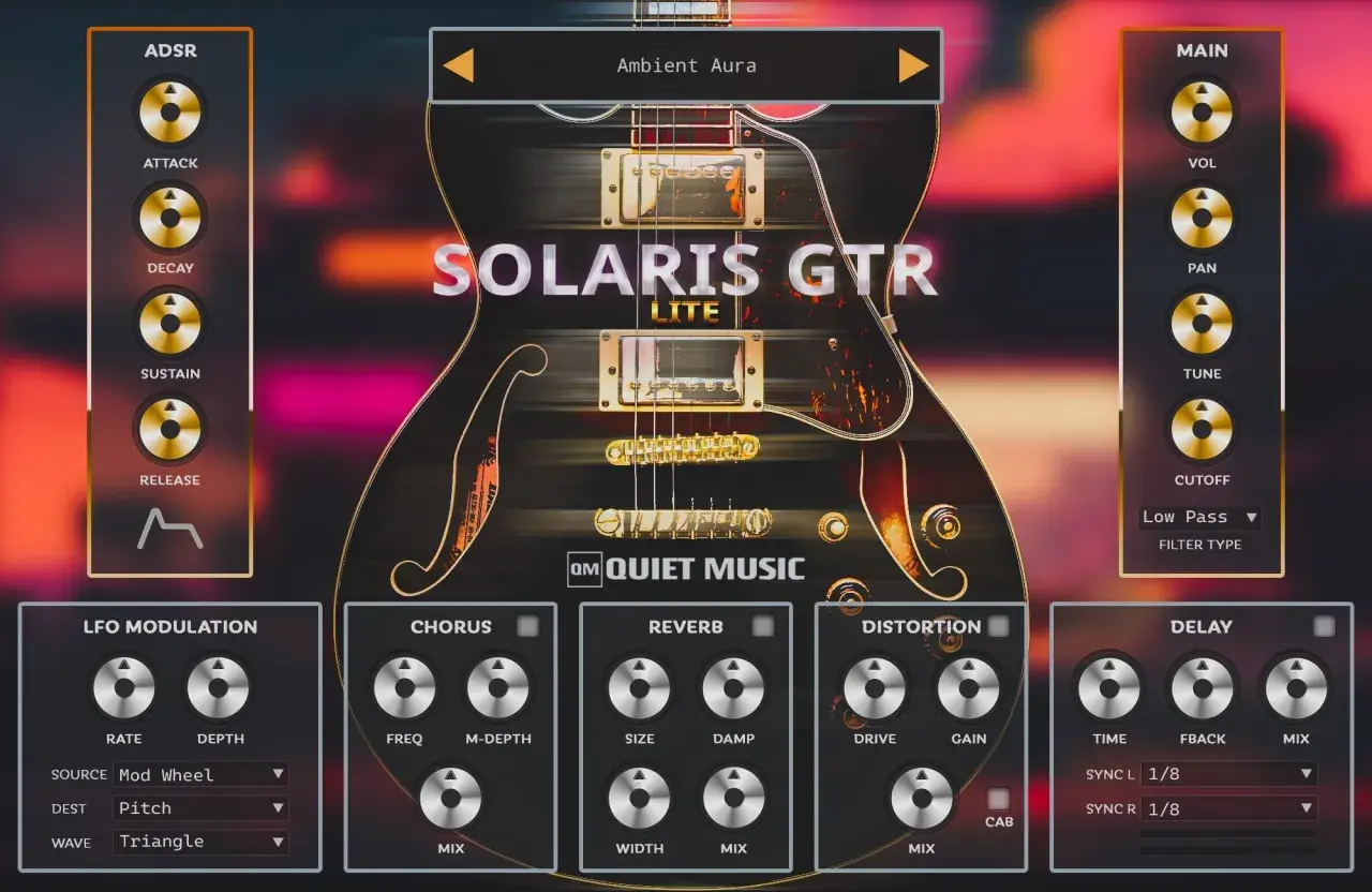 The Solaris GTR Lite, a monster guitar VST, features a sleek interface with ADSR, LFO, Chorus, Reverb, Distortion, and Delay controls.