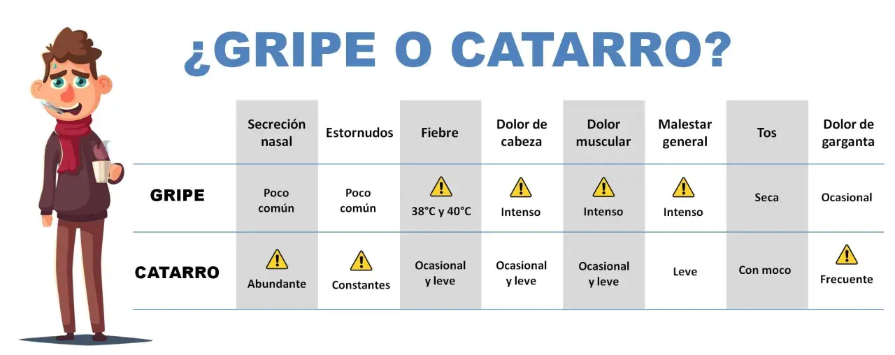 Ilustración compara síntomas de gripe y catarro. El resfriado por enfriamiento se contagia, mostrando diferencias en secreción nasal, fiebre y tos.
