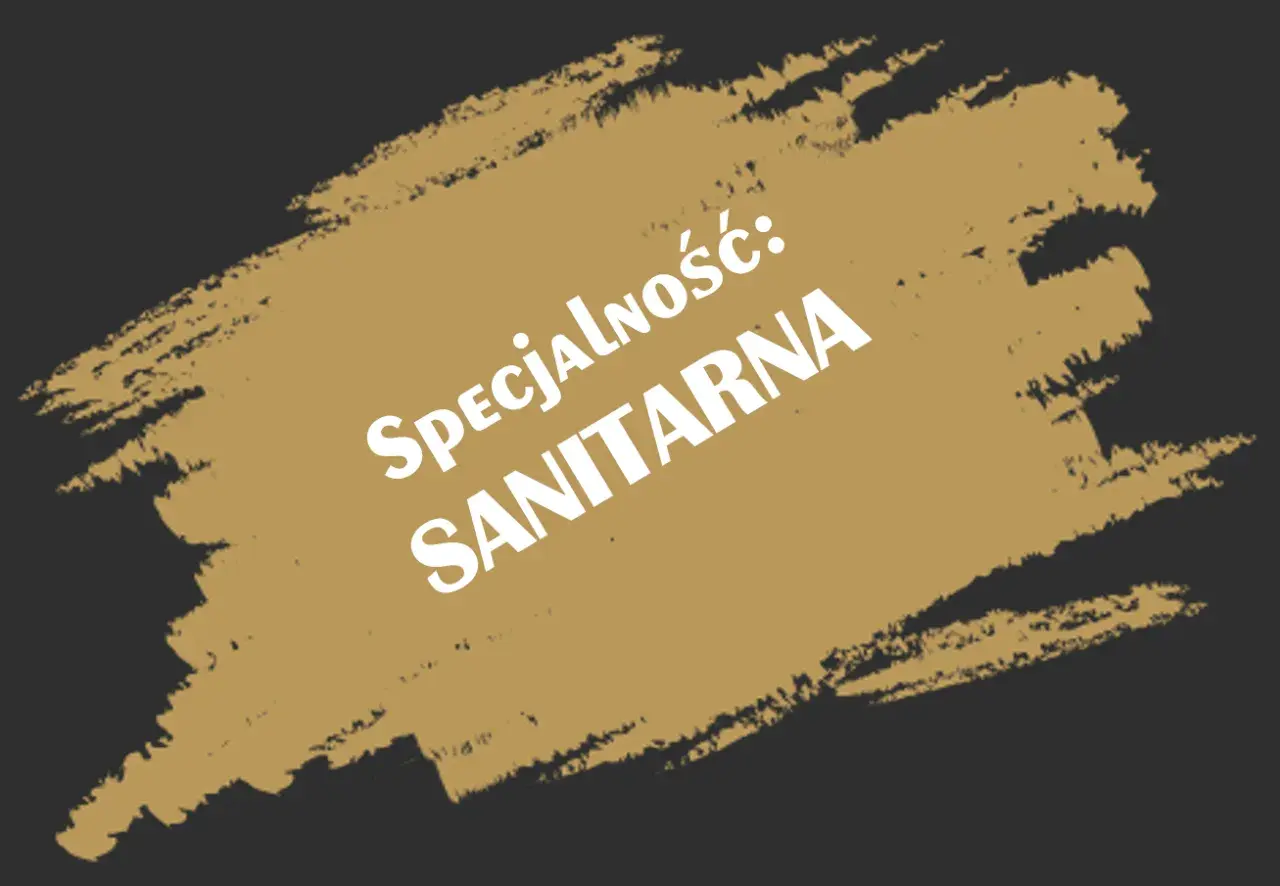Biały napis "Specjalność: SANITARNA" na tle pociągnięć pędzla. To klucz do zdobycia uprawnień budowlanych sanitarnych.