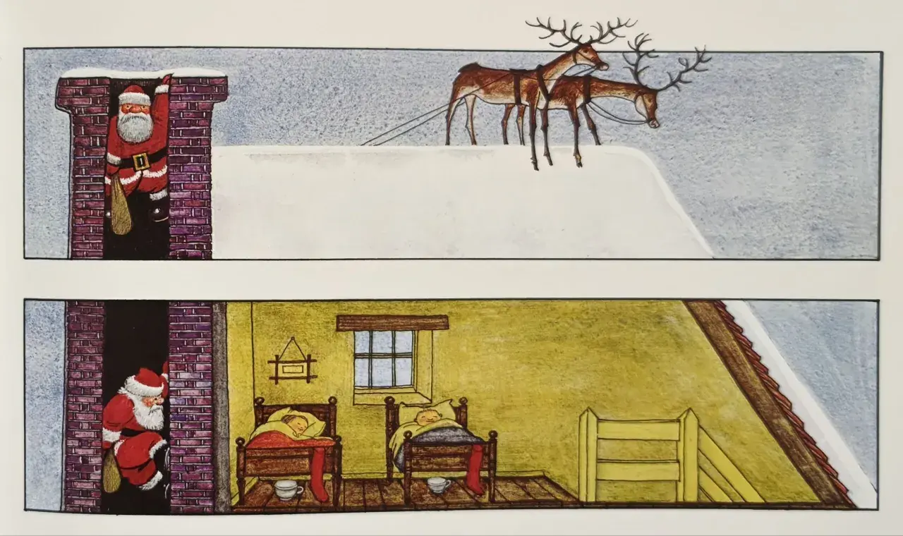 Babbo Natale scende dal camino, mentre le renne aspettano sul tetto innevato. Chissà se i bambini sanno come si dice Babbo Natale in inglese!