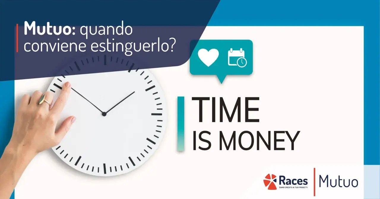 Mano su orologio, "Mutuo: quando conviene estinguerlo?", "TIME IS MONEY". Valutare l'estinzione del mutuo è un investimento di tempo.