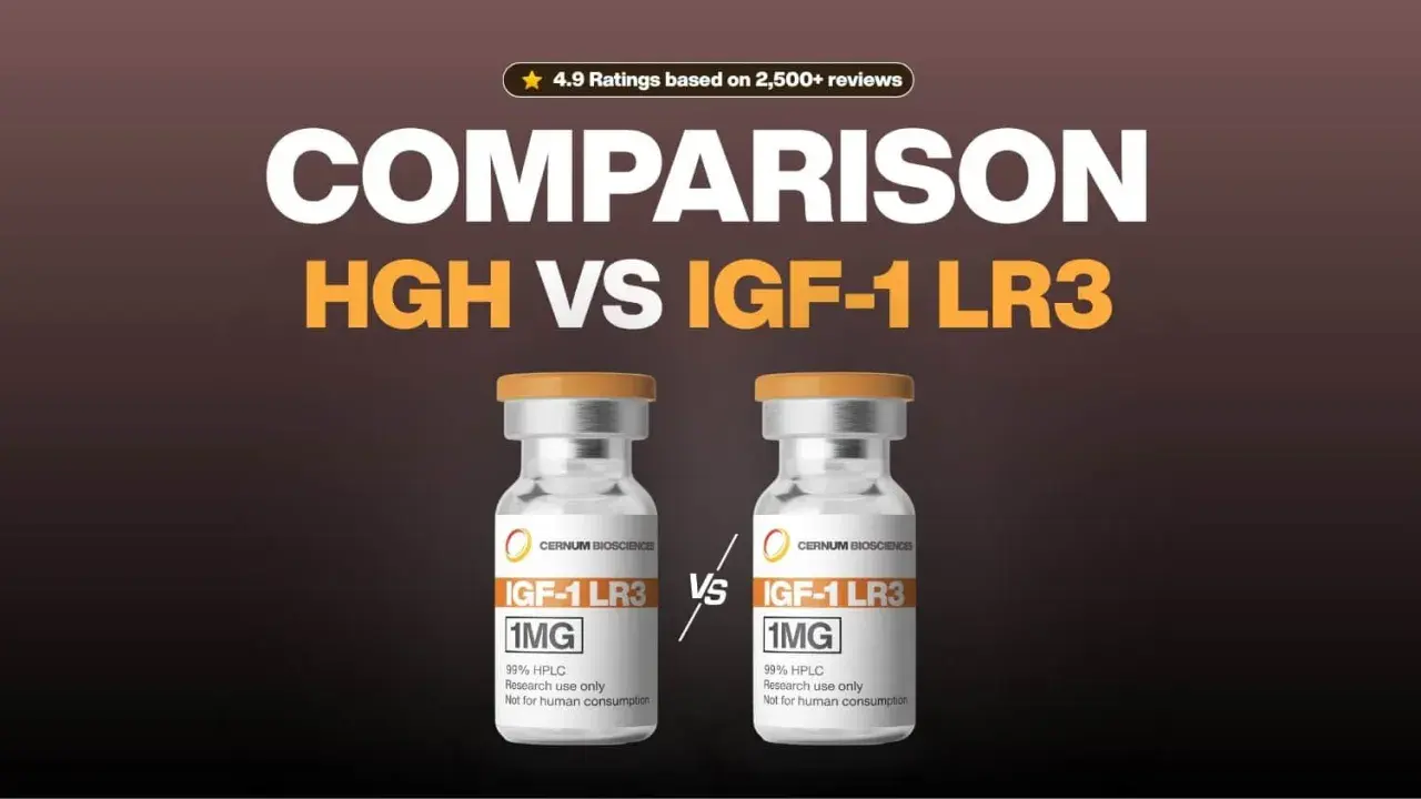 Dwie fiolki IGF-1 LR3 1MG, porównanie HGH vs IGF-1 LR3. Produkt do badań, nie do spożycia przez ludzi.