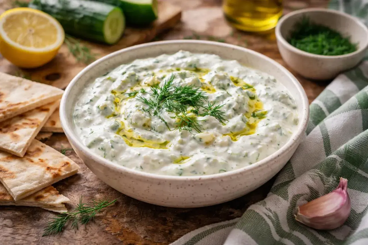 Un bol de tzatziki crémeux, garni d'aneth frais et d'huile d'olive. Parfait pour accompagner du pain pita, des concombres et du citron. Une recette facile à réaliser.