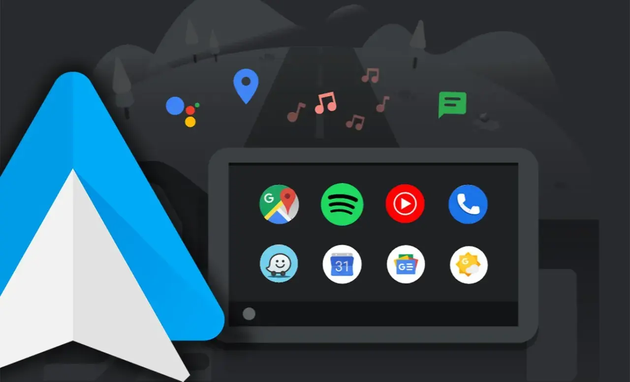 Pantalla de coche con iconos de apps: Google Maps, Spotify, YouTube, teléfono, chat, calendario y tiempo. El logo de Android Auto y notas musicales flotan.