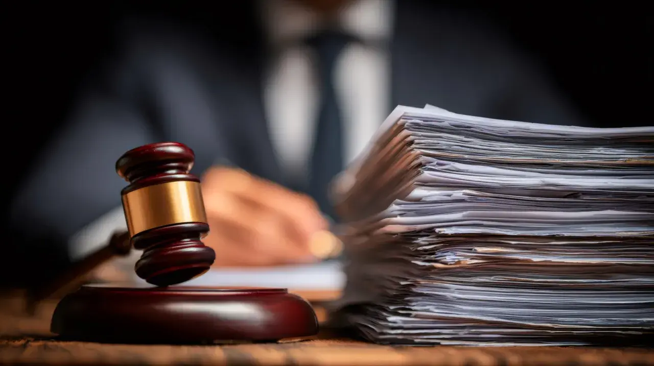 Marteau de juge et pile de documents, symbolisant la reddition de compte et la justice. Un homme en costume écrit en arrière-plan.