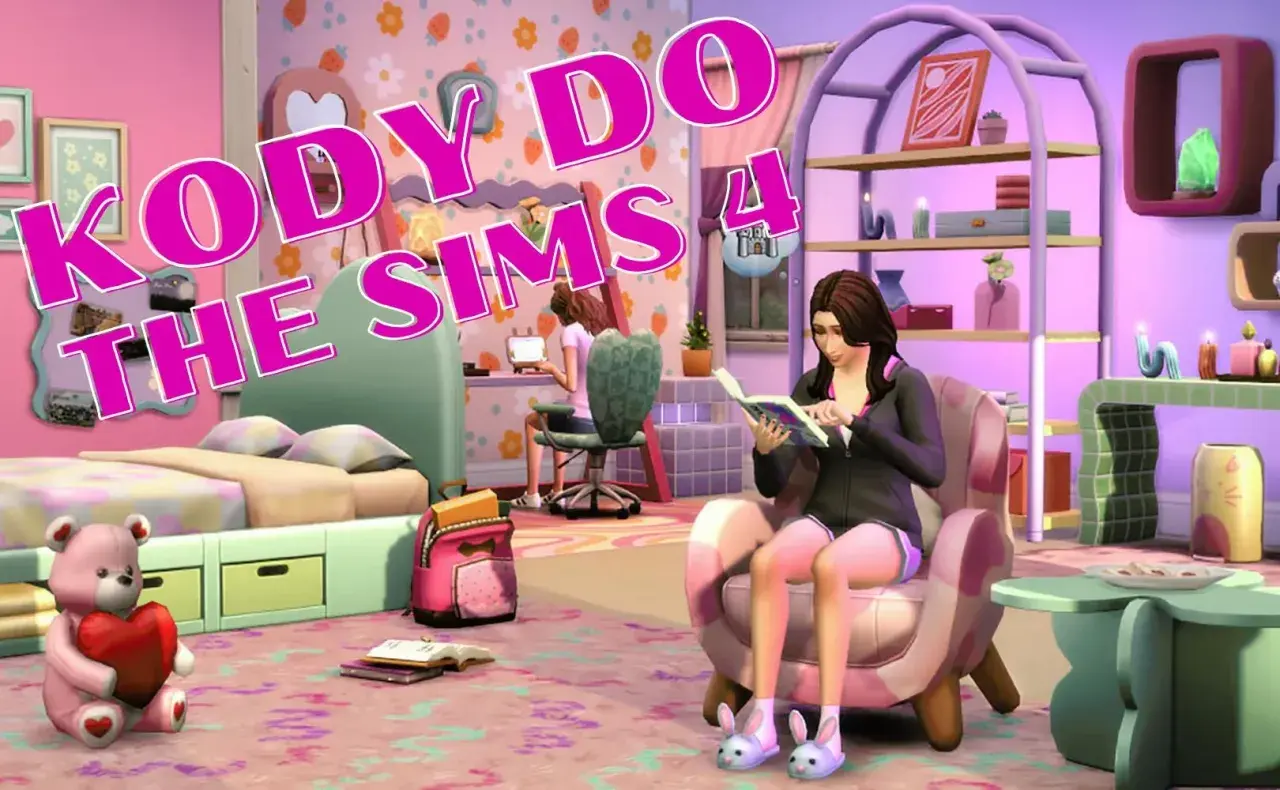 Jak edytować sima podczas gry Sims 4 kodem? W pokoju pełnym różu i pastelowych kolorów, simka czyta książkę.