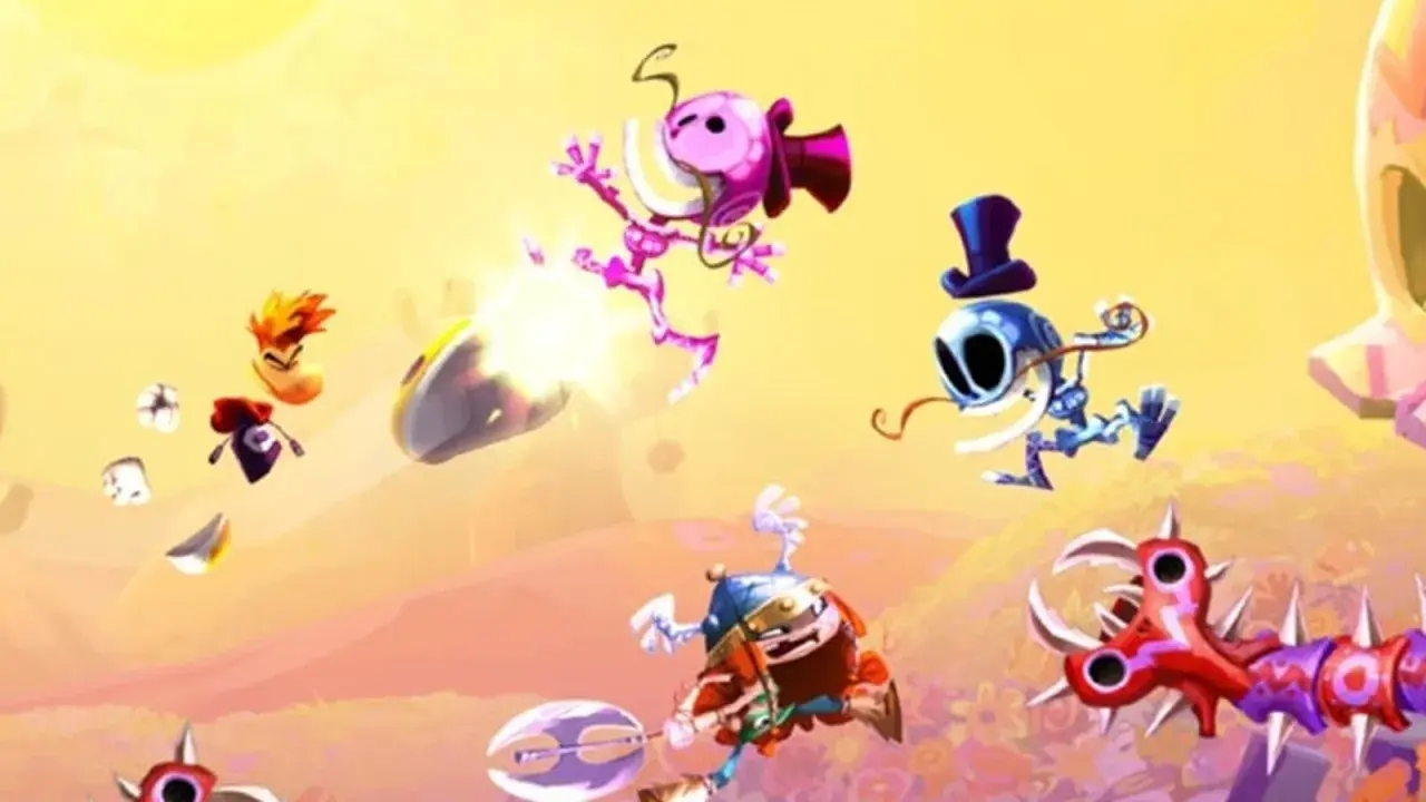 Kolorowa scena z gry Rayman, z postaciami w powietrzu i wrogami.