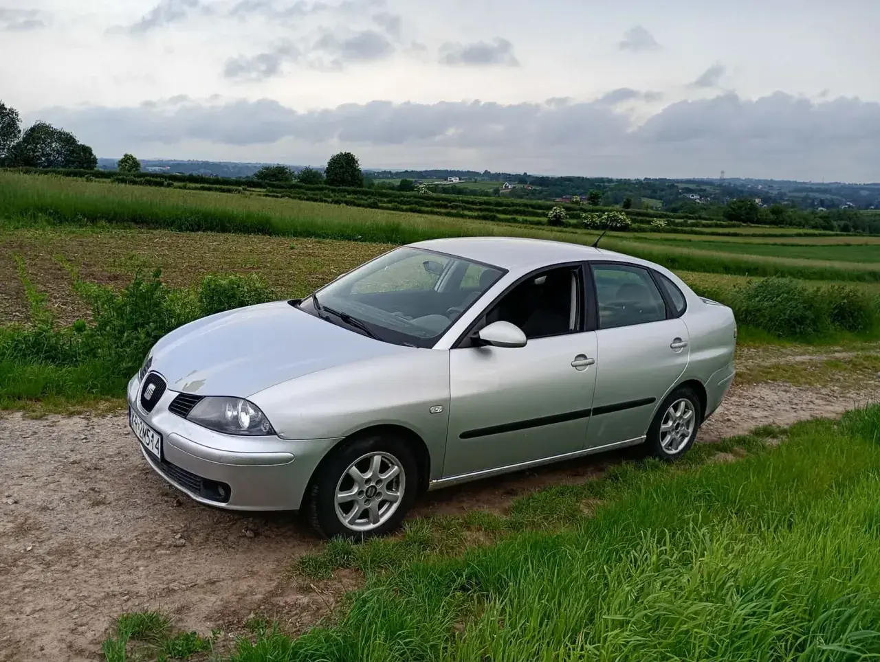 Srebrny Seat Cordoba na tle zielonych pól i pagórków.