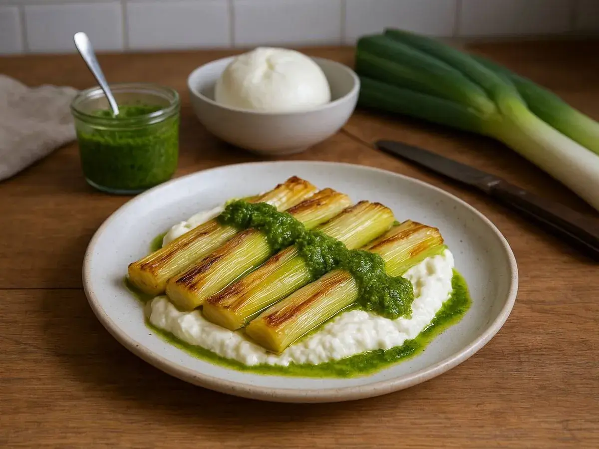 Puerros confitados, dorados y tiernos, servidos sobre una cama cremosa y rociados con salsa verde vibrante.