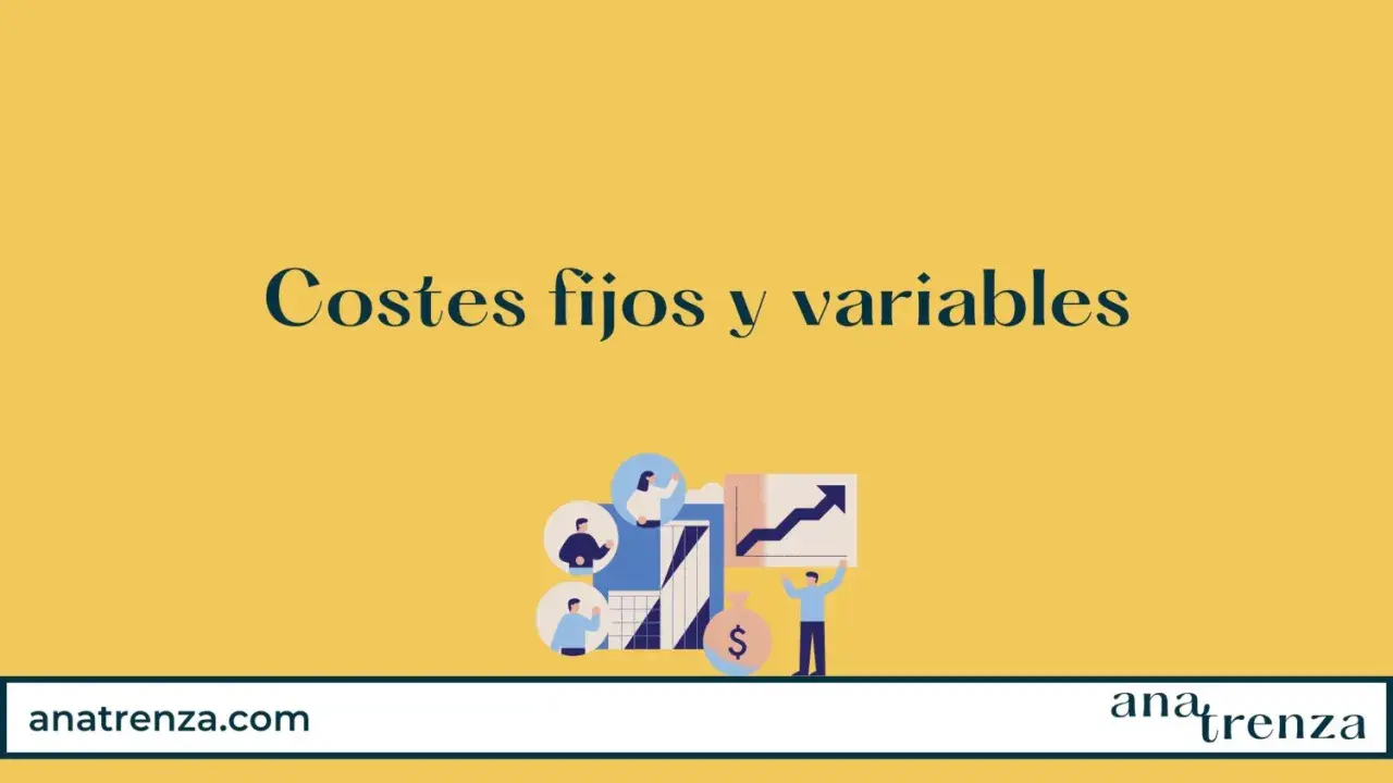 Ilustración sobre costes fijos y variables, con personas, bolsa de dinero y gráfico de crecimiento.
