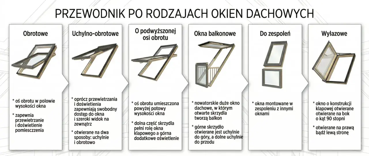 Przewodnik po rodzajach okien dachowych: obrotowe, uchylno-obrotowe, z podwyższoną osią obrotu, balkonowe, do zespoleń, wyłazowe. Każde okienko w dachu ma swoje unikalne cechy.
