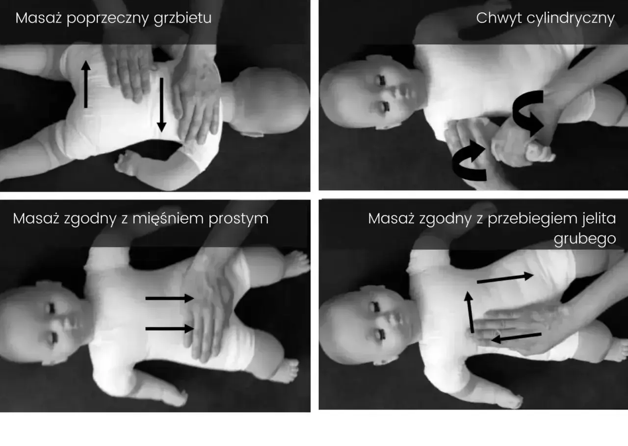 Cztery czarno-białe zdjęcia pokazujące różne techniki masażu niemowlęcia.