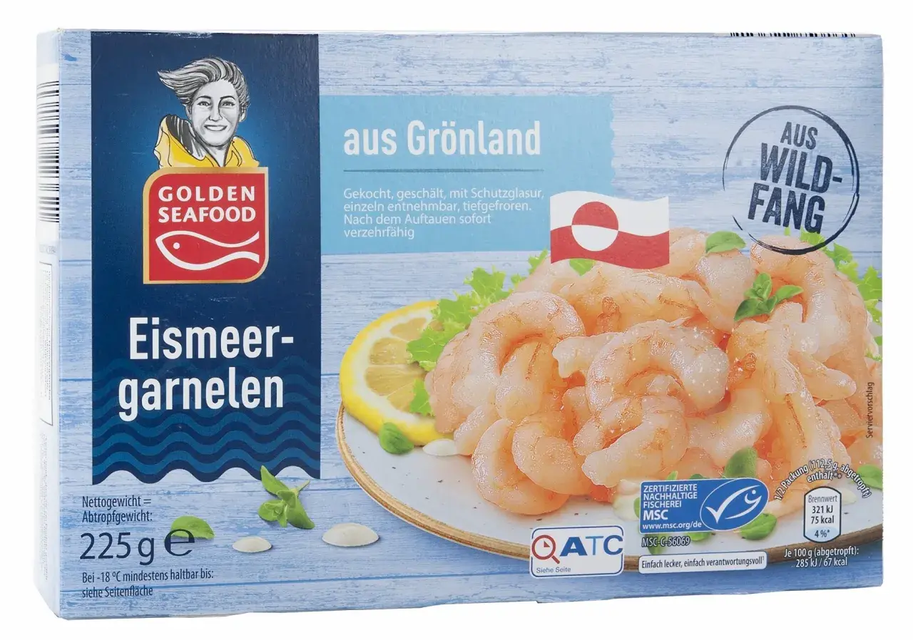 Golden Seafood Eismeergarnelen aus Grönland, beste Garnelen aus Wildfang, tiefgefroren, 225g.