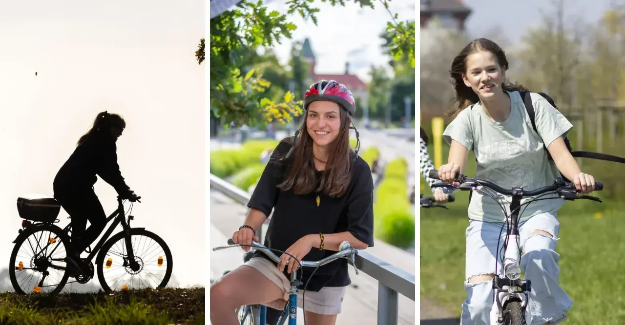 Trzy kobiety cieszą się jazdą na rowerze po Wrocławiu. Jedna z nich, w kasku, uśmiecha się do aparatu.