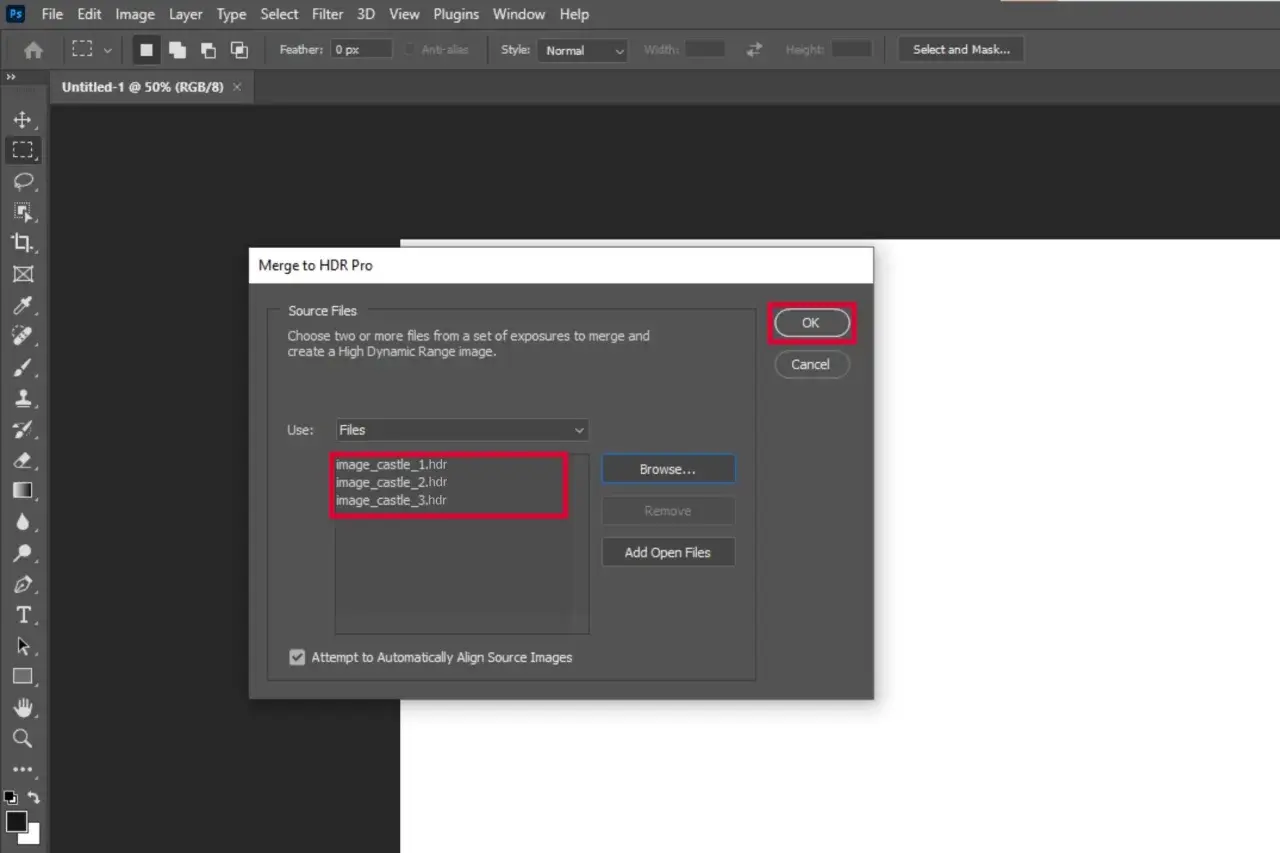 Finestra "Merge to HDR Pro" in Photoshop, pronta per unire tre file .hdr per creare un'immagine con gamma dinamica estesa.