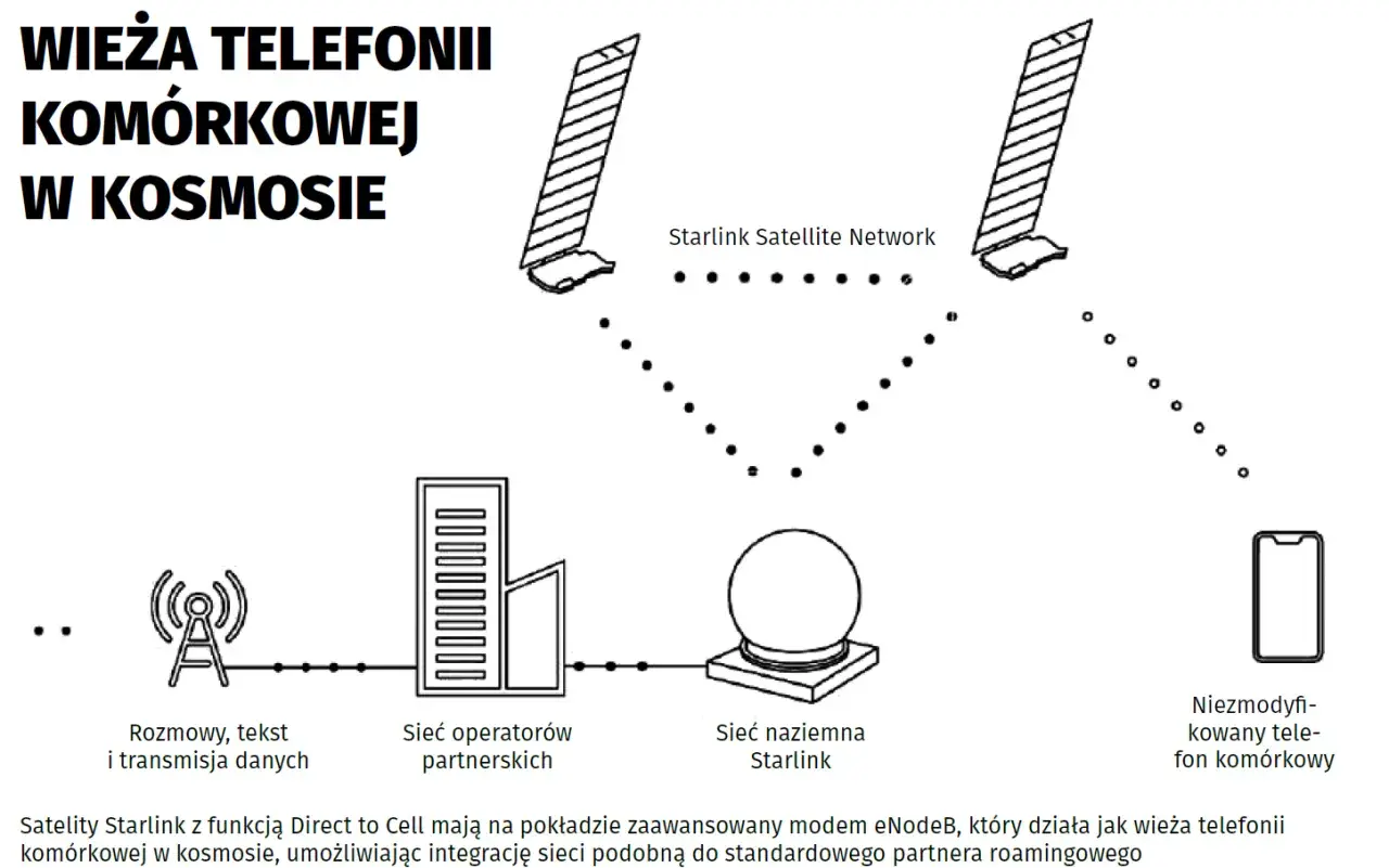 Schemat pokazuje, jak działa Starlink: satelity w kosmosie łączą się z siecią naziemną i telefonem komórkowym, zapewniając łączność.