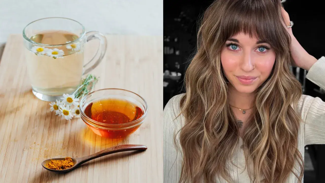 Té de manzanilla, miel y cúrcuma, ingredientes naturales para aclarar el pelo.