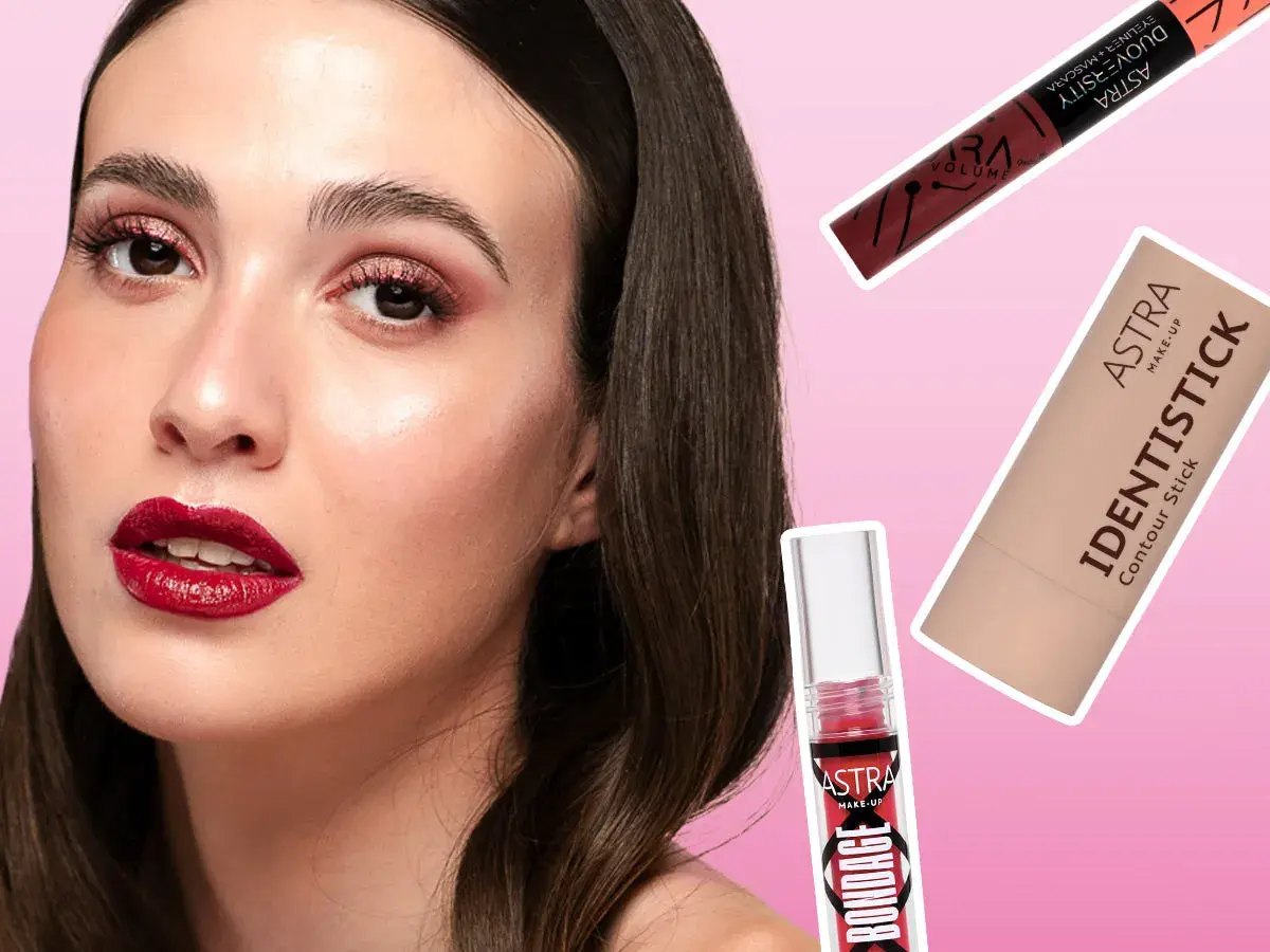 Labbra rosse e occhi scintillanti per un perfetto trucco per San Valentino. Prodotti Astra Make-up in primo piano.