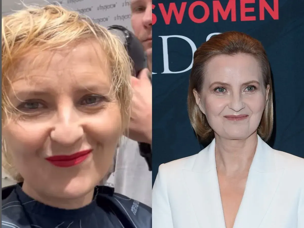 Izabela Kuna młoda, w trakcie stylizacji fryzury i elegancka w białej marynarce.