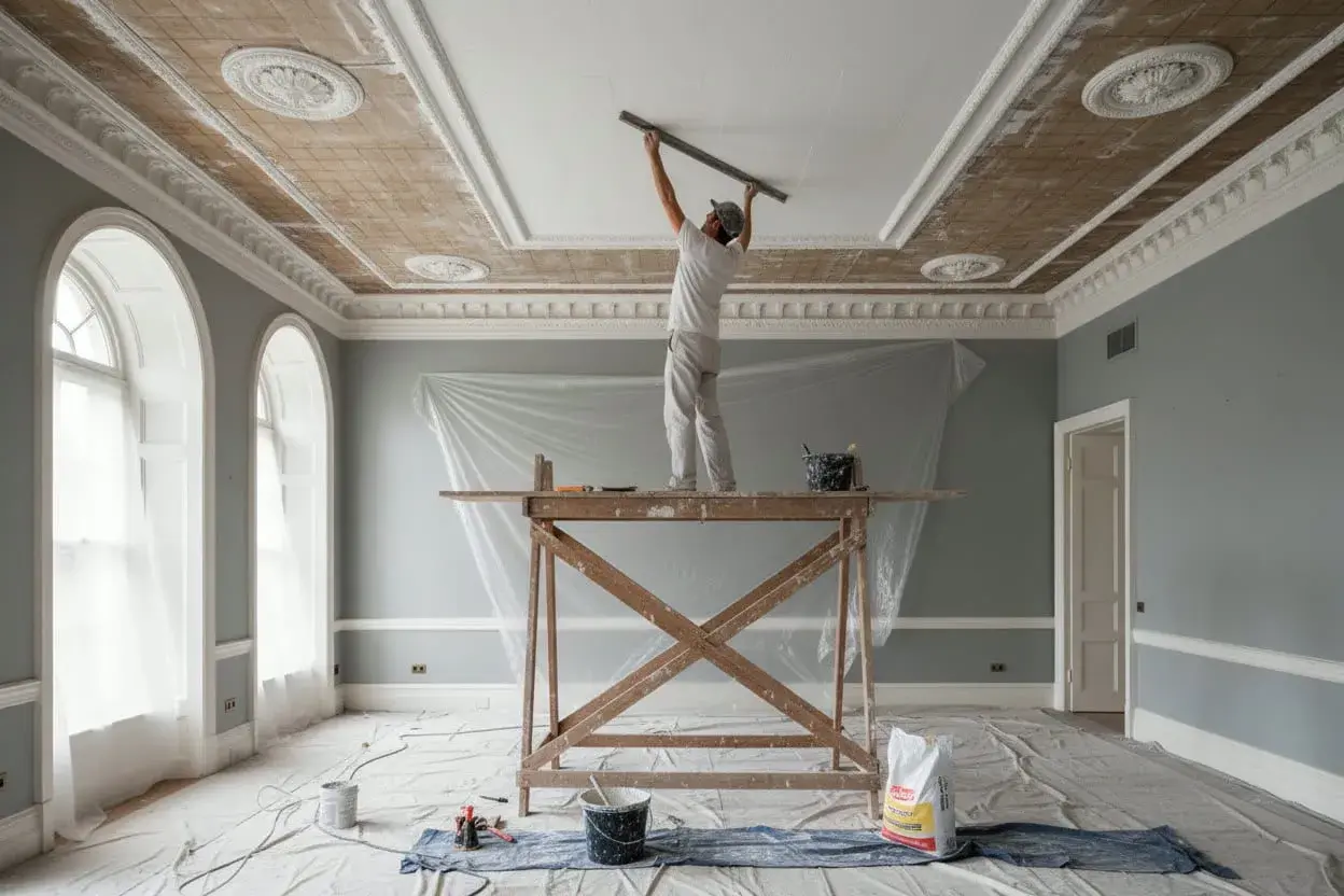 Lavoratore applica intonaco al soffitto decorato, un passo fondamentale per come isolare una casa e migliorare l'efficienza energetica.