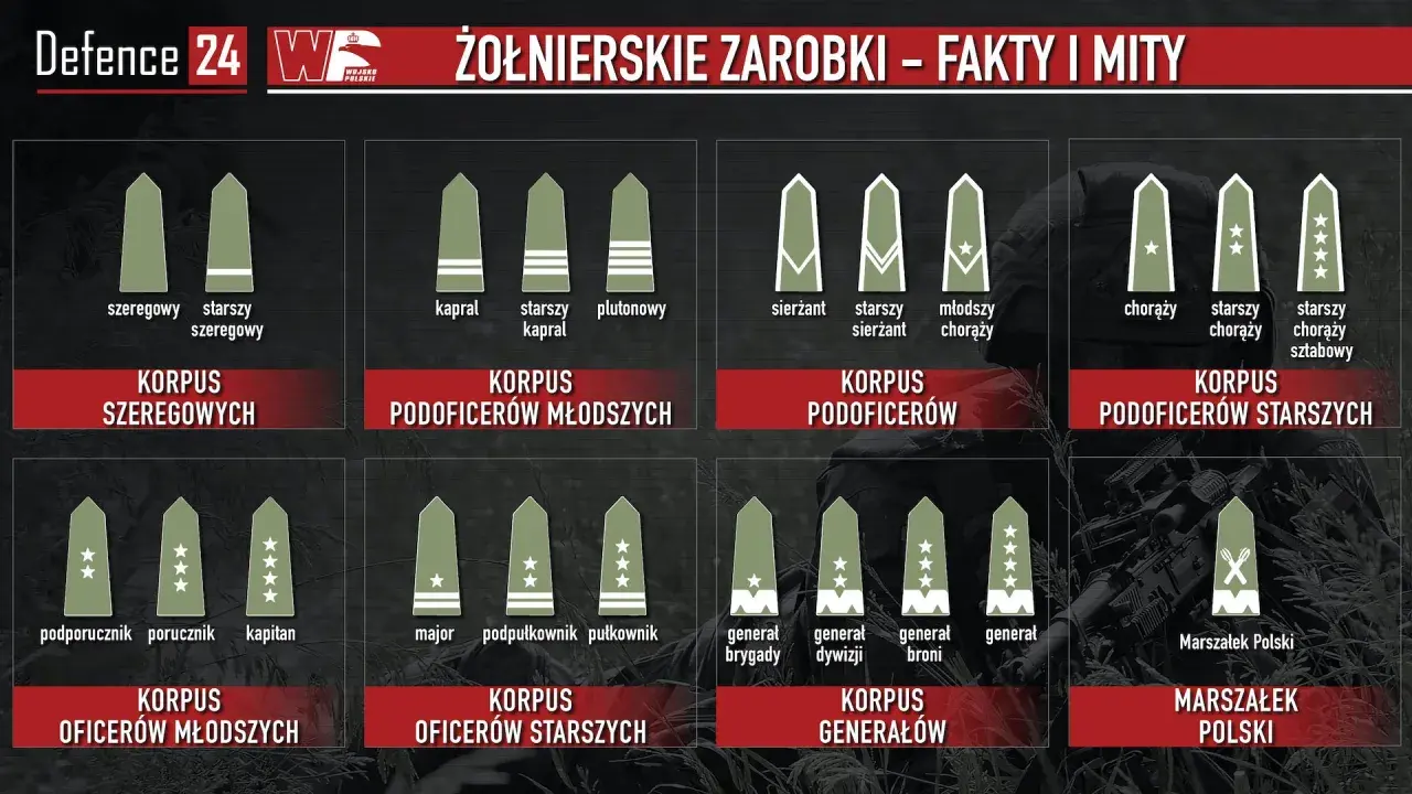 Grafika przedstawia stopnie wojskowe i ich nazwy, ilustrując zarobki w wojsku. Od szeregowego do Marszałka Polski.