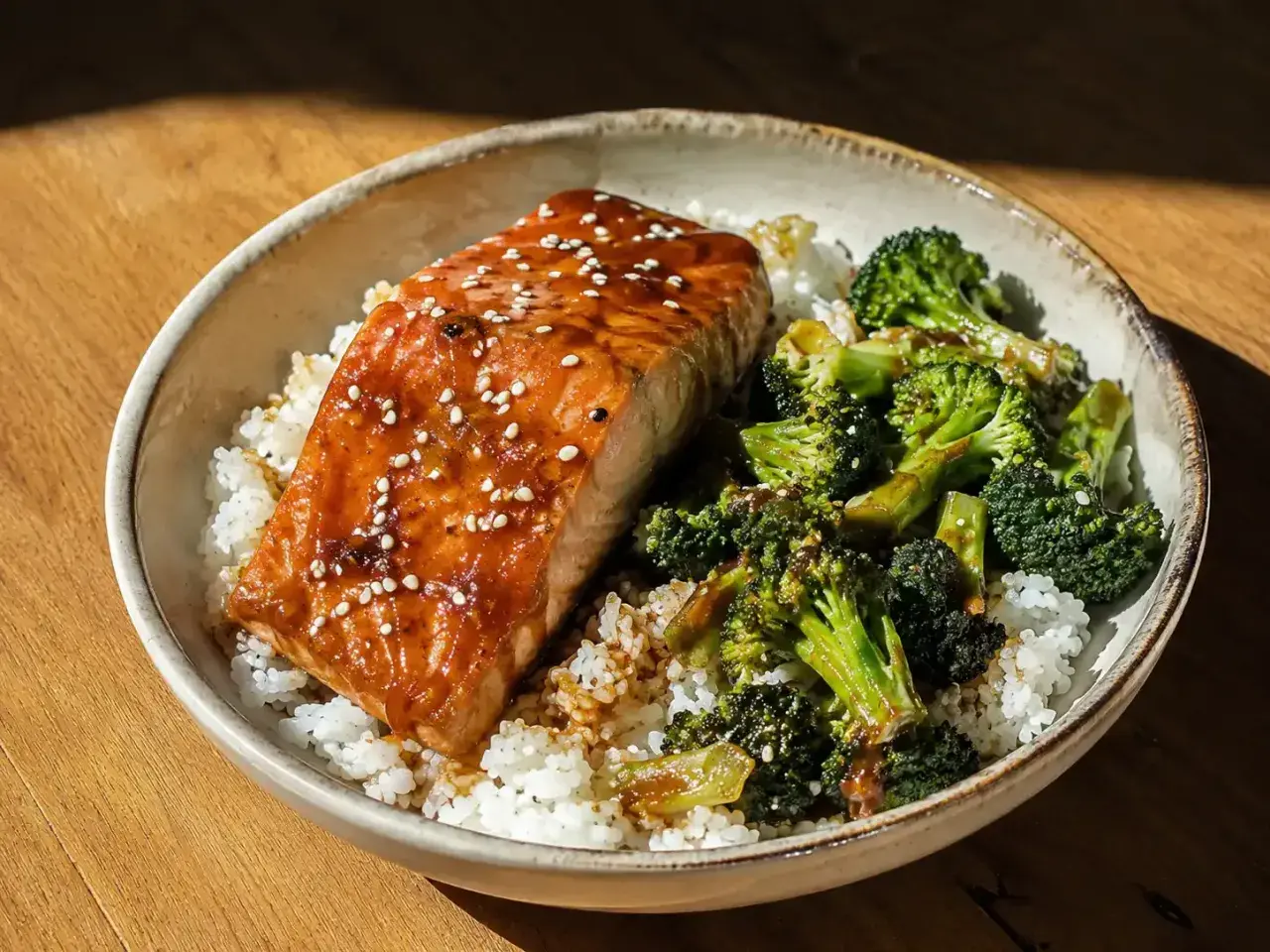 En skål med ris, saftig teriyaki lax toppad med sesamfrön och ångad broccoli. En perfekt middag.