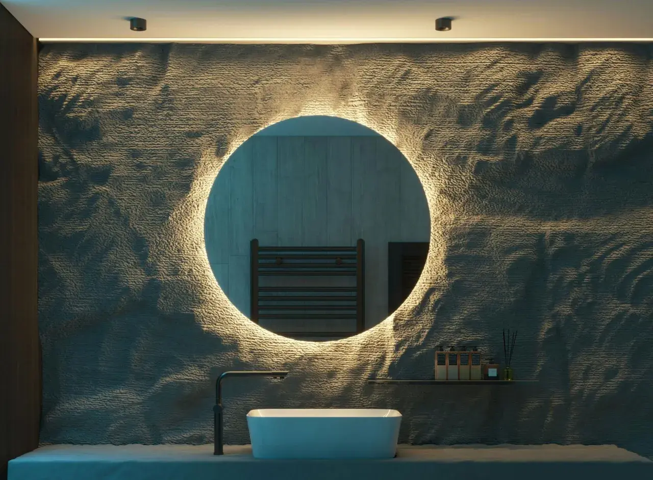 Modern baño con lavabo, grifo y espejo circular iluminado. Las lámparas espejo baño crean un ambiente acogedor.