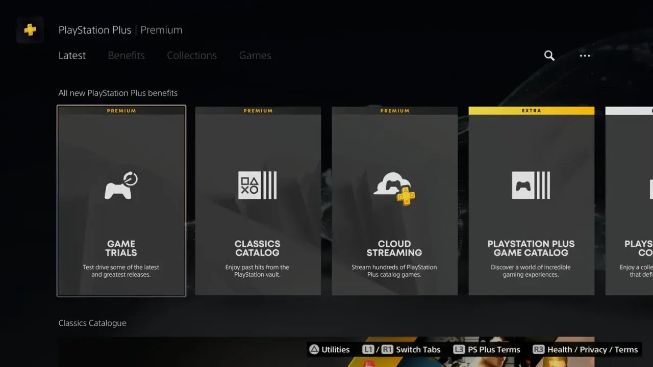 Menu PlayStation Plus Premium z opcjami: Game Trials, Classics Catalog, Cloud Streaming, PlayStation Plus Game Catalog. Dostępne ps plus gry.