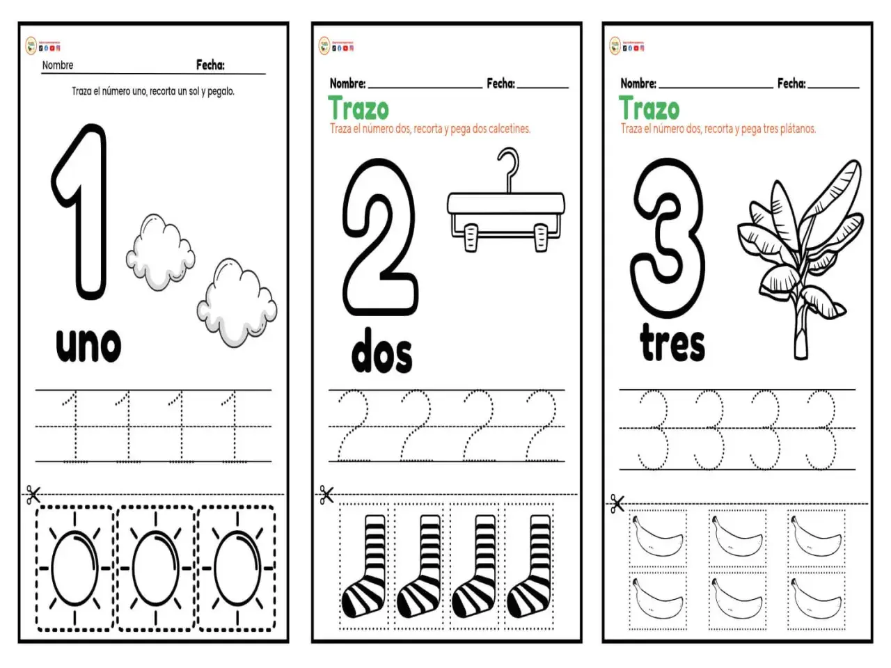 Fichas matemáticas infantiles para aprender los números 1, 2 y 3. Incluyen trazos, recortes y pegado de soles, calcetines y plátanos.