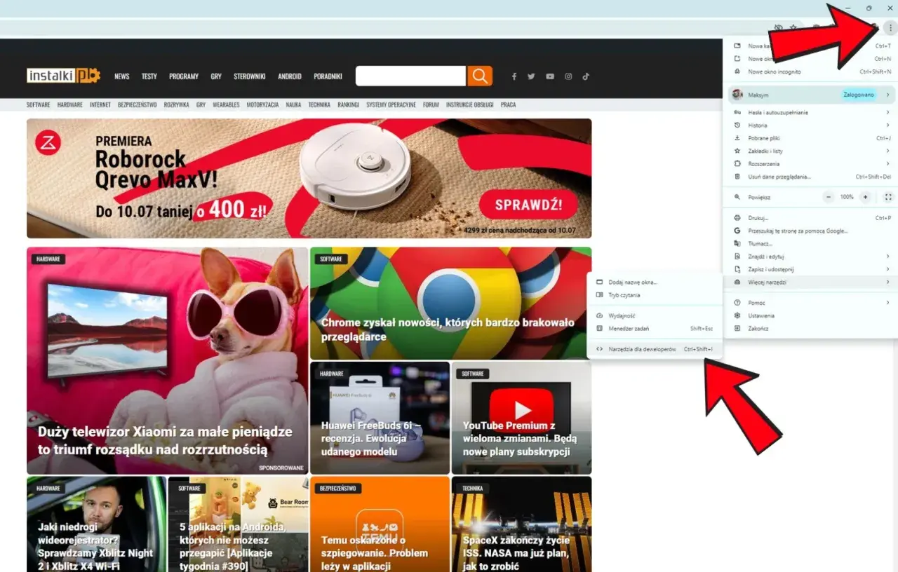 Zrzut ekranu z menu przeglądarki Chrome, gdzie widać opcję "Narzędzia dla deweloperów".