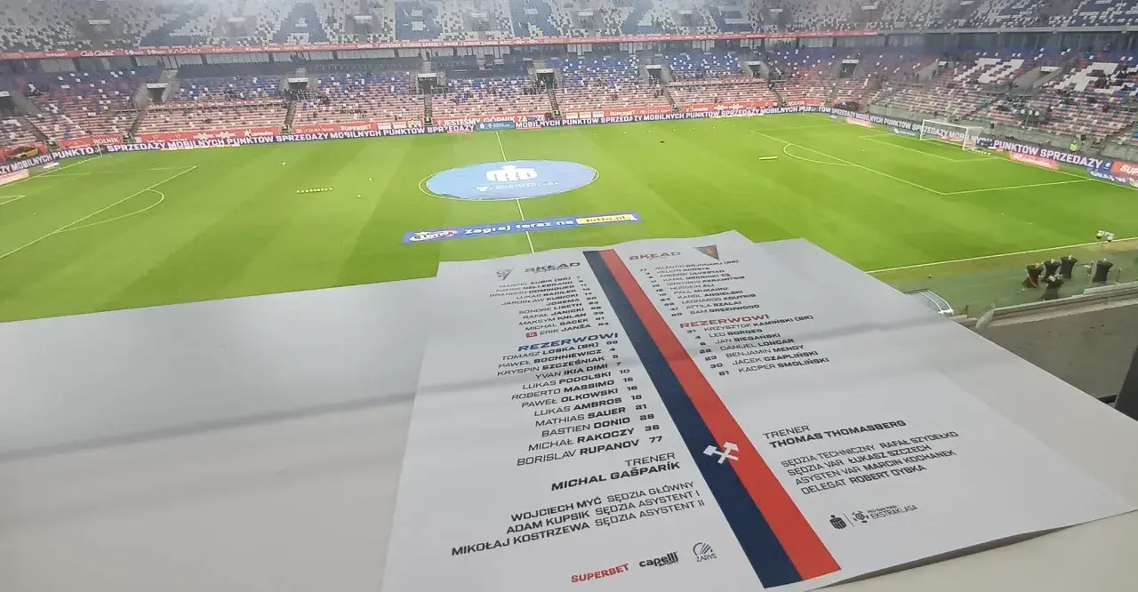 Składy: Pogoń Szczecin – Górnik Zabrze. Na pierwszym planie lista zawodników, w tle stadion.