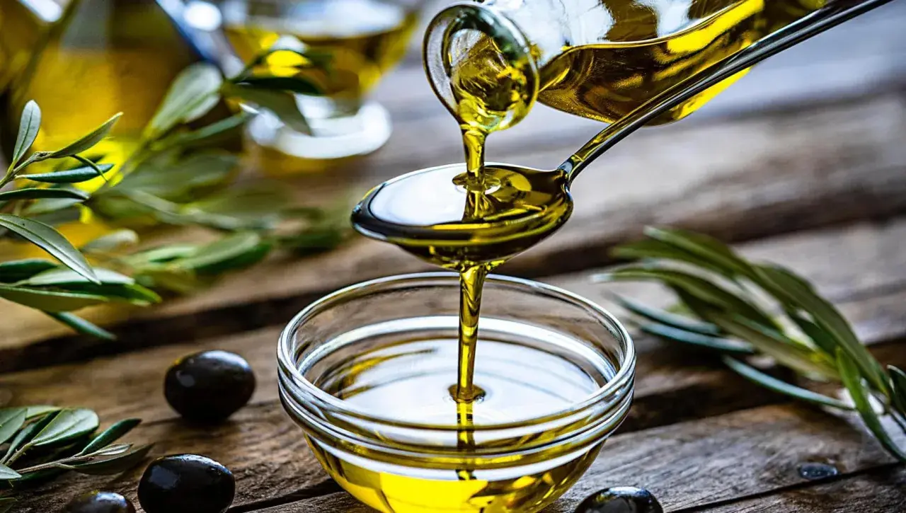 Olio di oliva non extravergine versato da un cucchiaio in una ciotola, con olive e rami d'ulivo sullo sfondo.