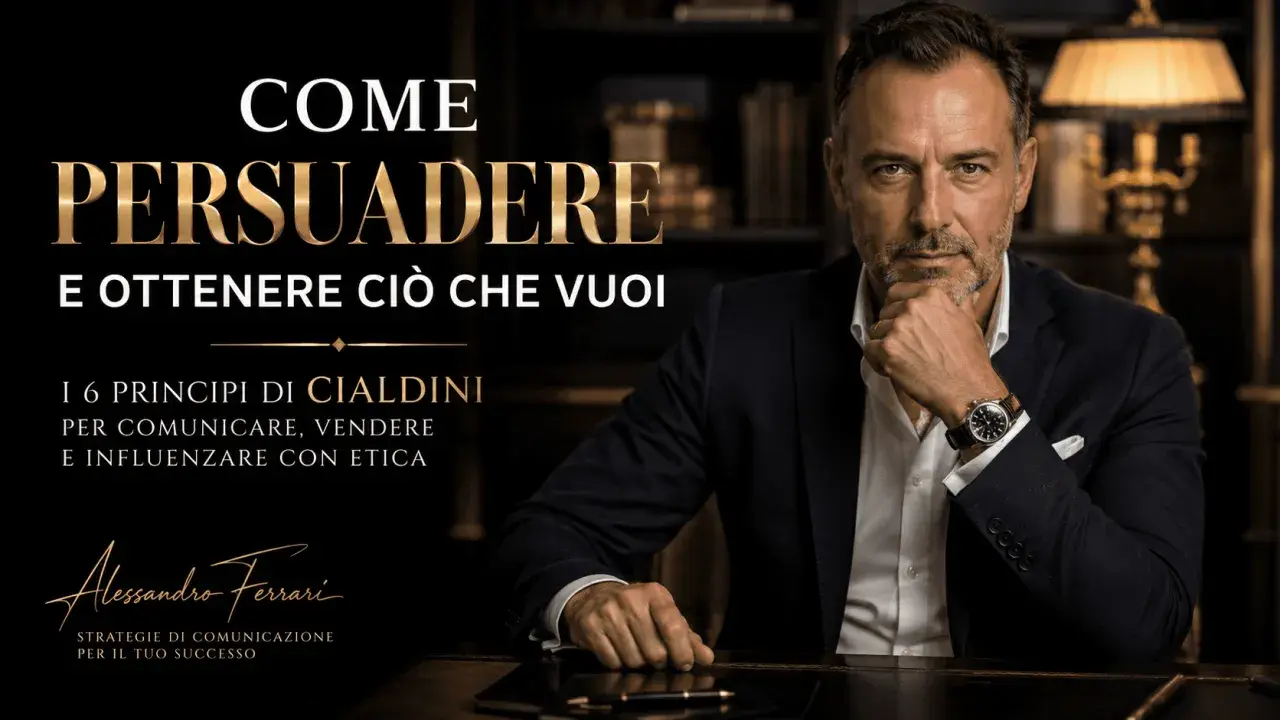 Uomo d'affari con mano sul mento, immagine che promuove l'arte del convincimento e le strategie per comunicare, vendere e influenzare con etica.