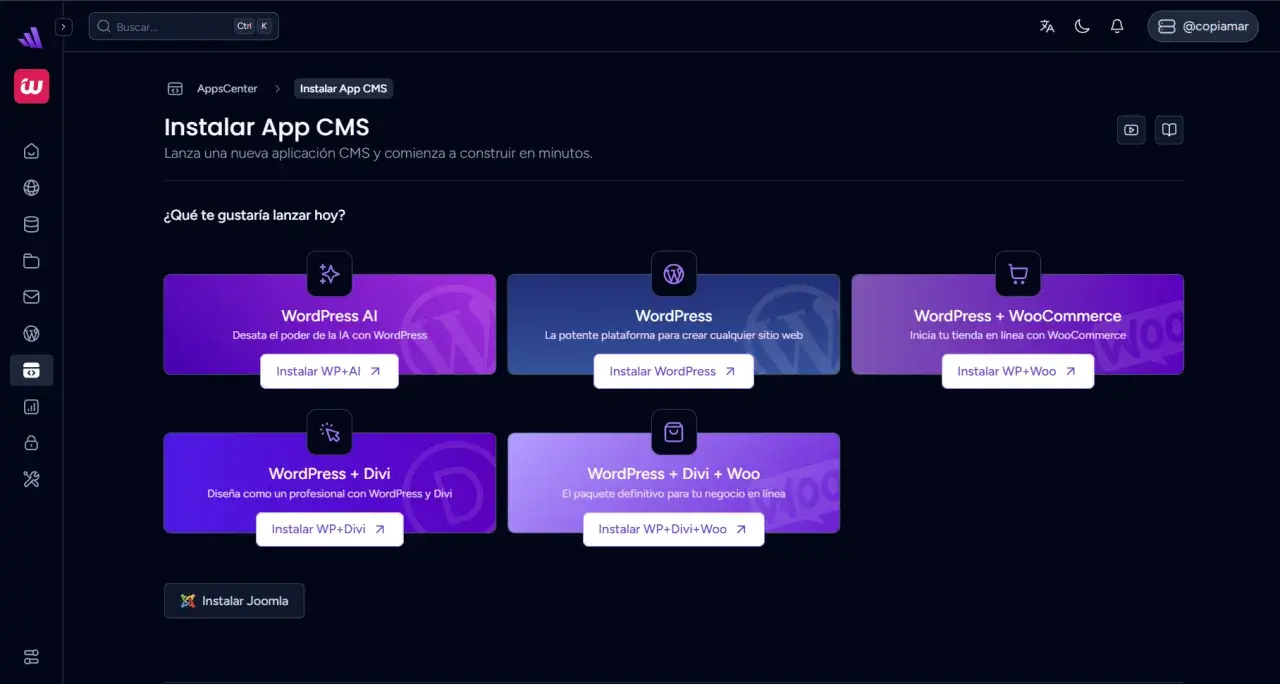 Panel para instalar CMS como WordPress, ideal para aprender como hacer una web. Opciones para IA, tiendas y diseño profesional.
