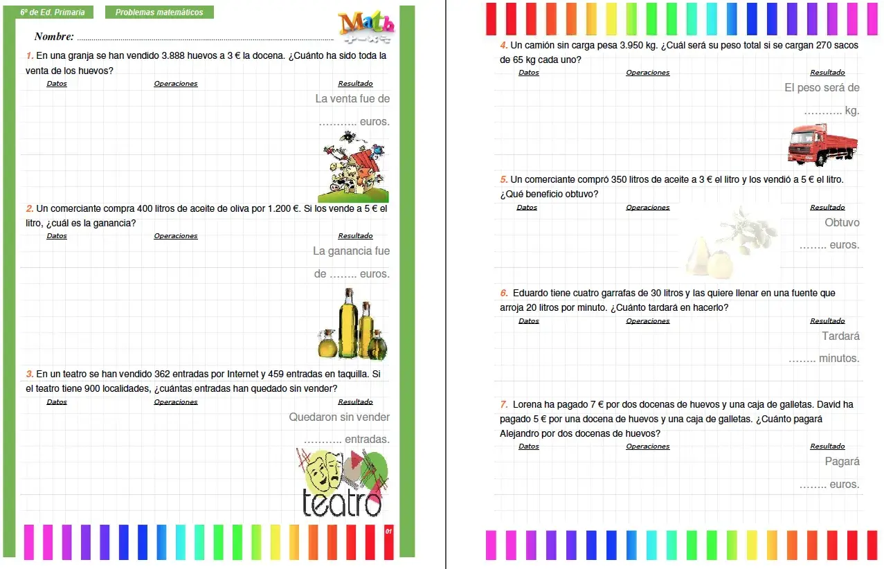 Problemas matemáticos de 6º de Primaria: cálculo de ventas, ganancias, entradas y pesos.