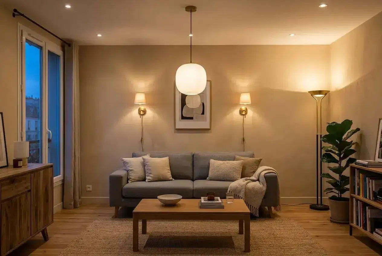 Une ampoule salon design éclaire ce salon cosy avec un canapé gris, une table basse en bois et une plante verte.