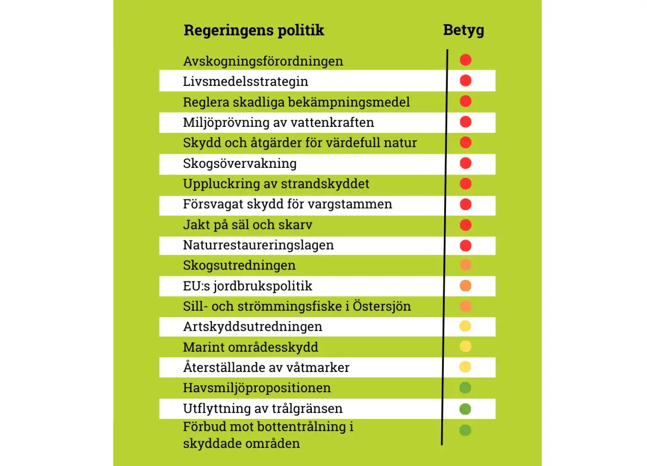 Fakta om Sverige: regeringens politik inom miljö och natur, med betyg för åtgärder som skogsövervakning och skydd av värdefull natur.