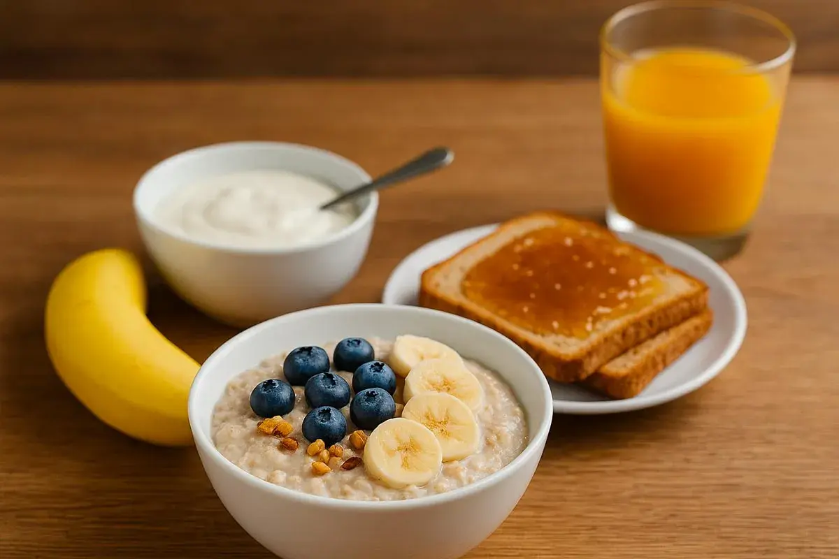Colazione ideale: porridge con frutta, yogurt, toast e succo d'arancia. Perfetto per sapere cosa mangiare prima di correre 10 km.