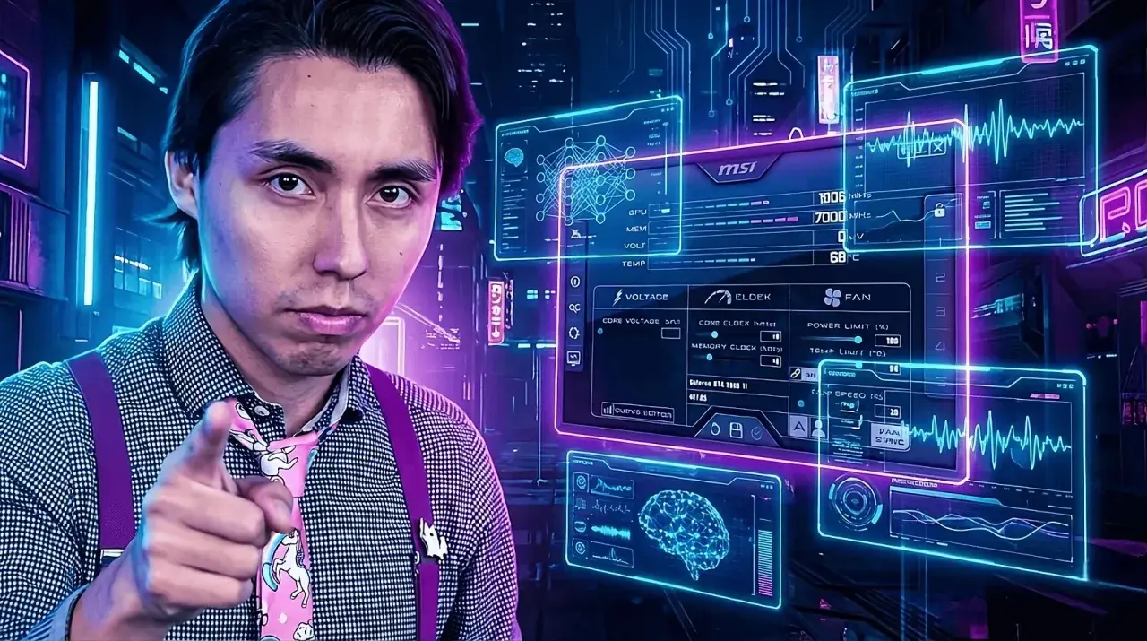 Hombre señala mientras se muestra la interfaz de MSI Afterburner con datos de GPU y un cerebro digital.