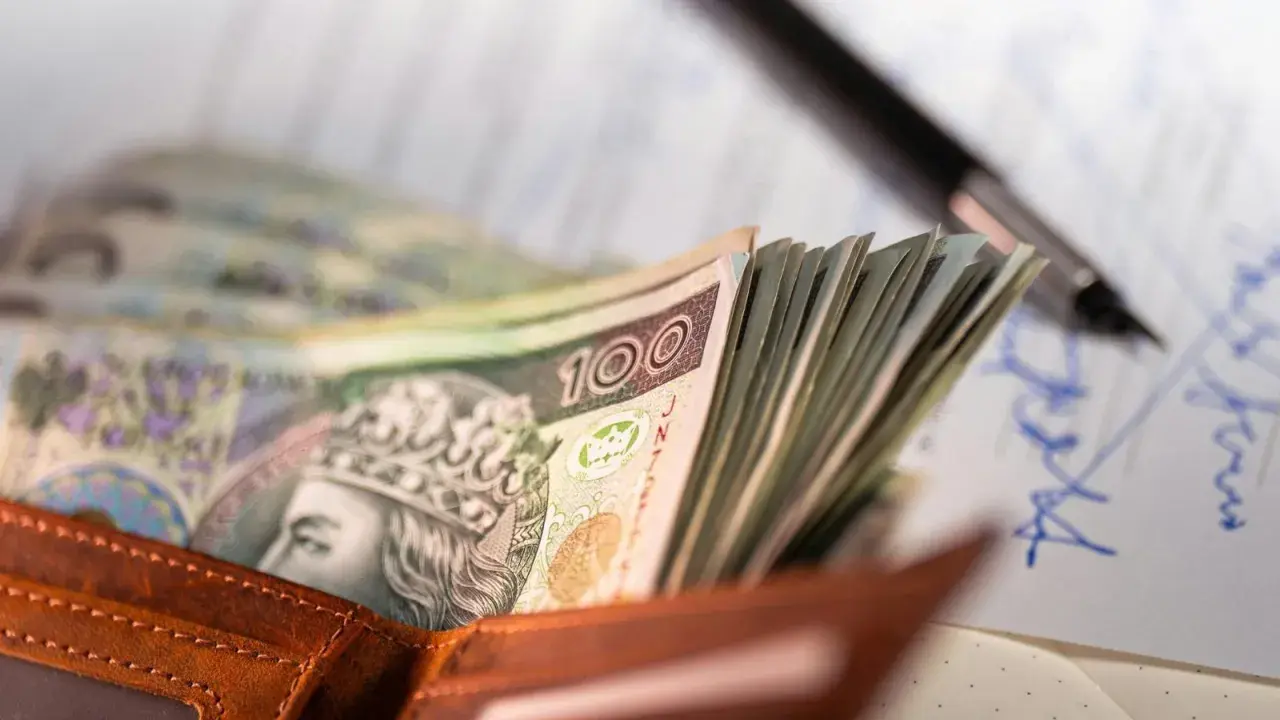 Portfel z polskimi banknotami 100 zł, długopis i dokumenty.