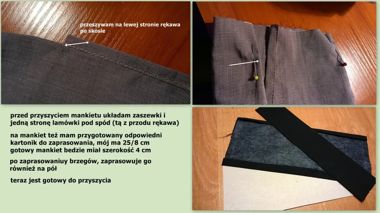 Szczegóły szycia koszul: przyszywanie mankietu, przygotowanie materiału i kartonik do zaprasowania.