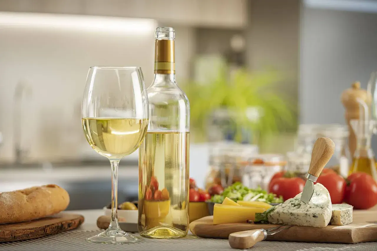 Verre et bouteille de vin blanc, pain, fromages et tomates. Parfait pour une recette avec vin blanc.