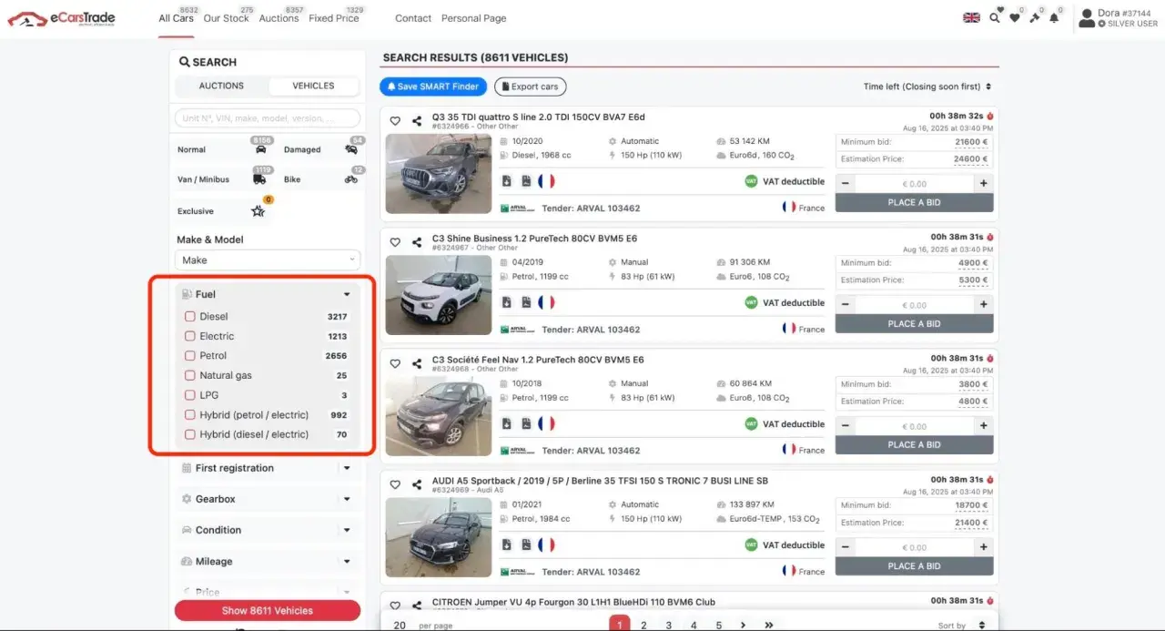 Sökresultat för bilar. Välj bränsletyp, t.ex. "Petrol" (bensin), för att hitta din nästa bil.